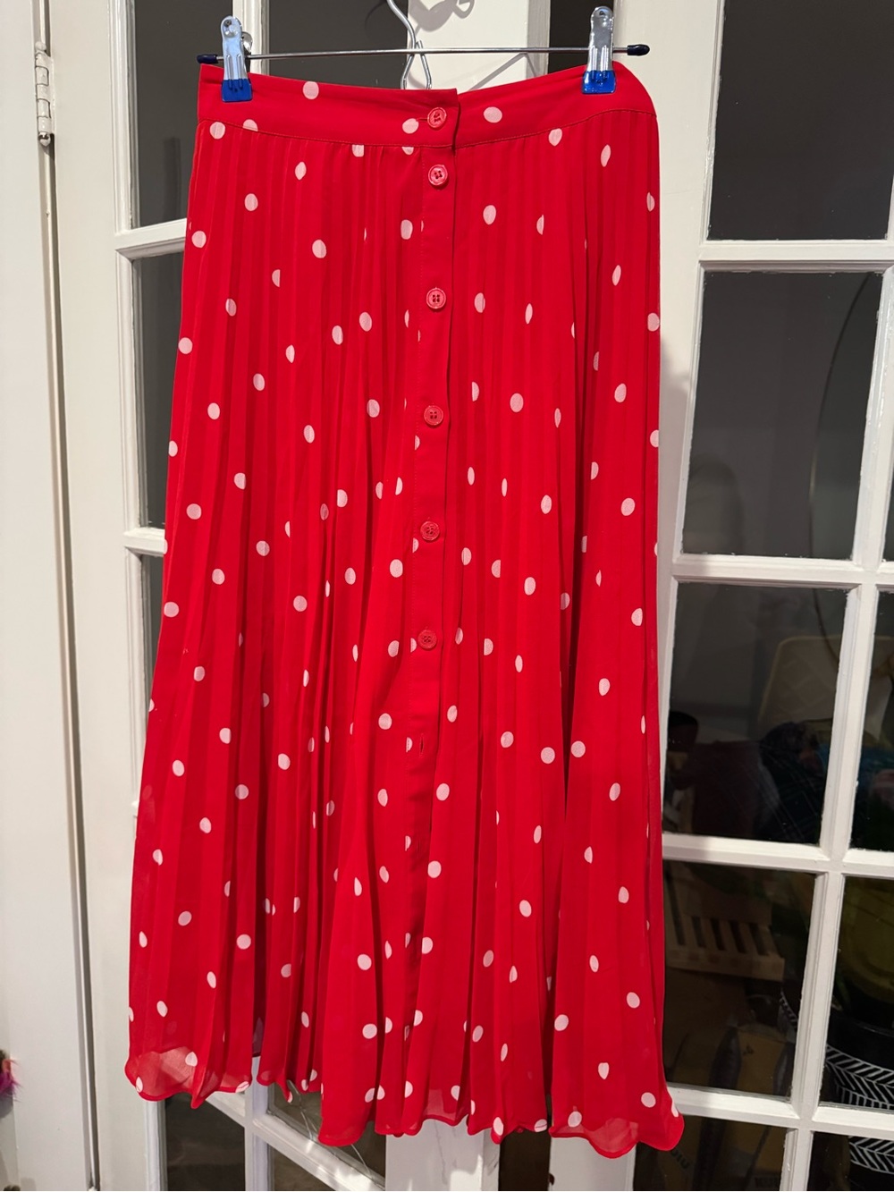 & Other Stories Red Polka Dot Button-Front Pleated Midi Skirt